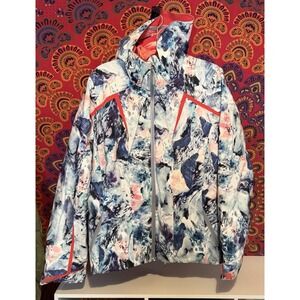 Obermeyer Womens Ski Jacket Size 12 Abstract Watercolor Print Hooded Blue Coral